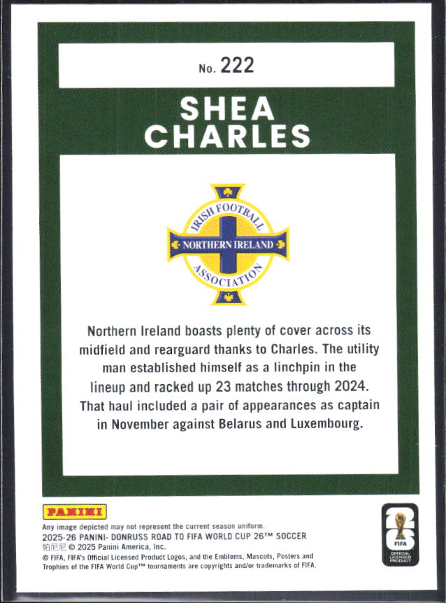Shea Charles 2025-26 Donruss Road to FIFA World Cup Rated Rookie #222 – baksida