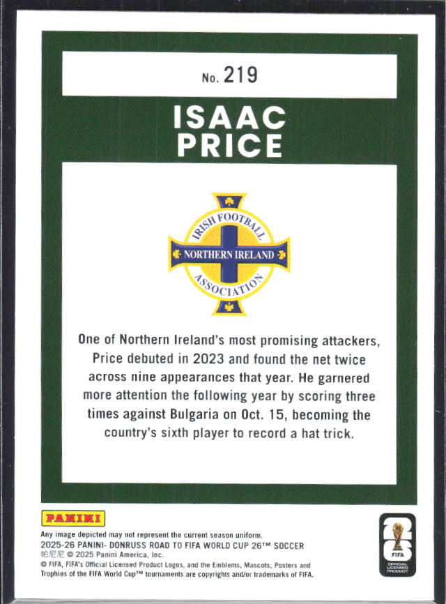 Isaac Price 2025-26 Donruss Road to FIFA World Cup Rated Rookie #219 – baksida