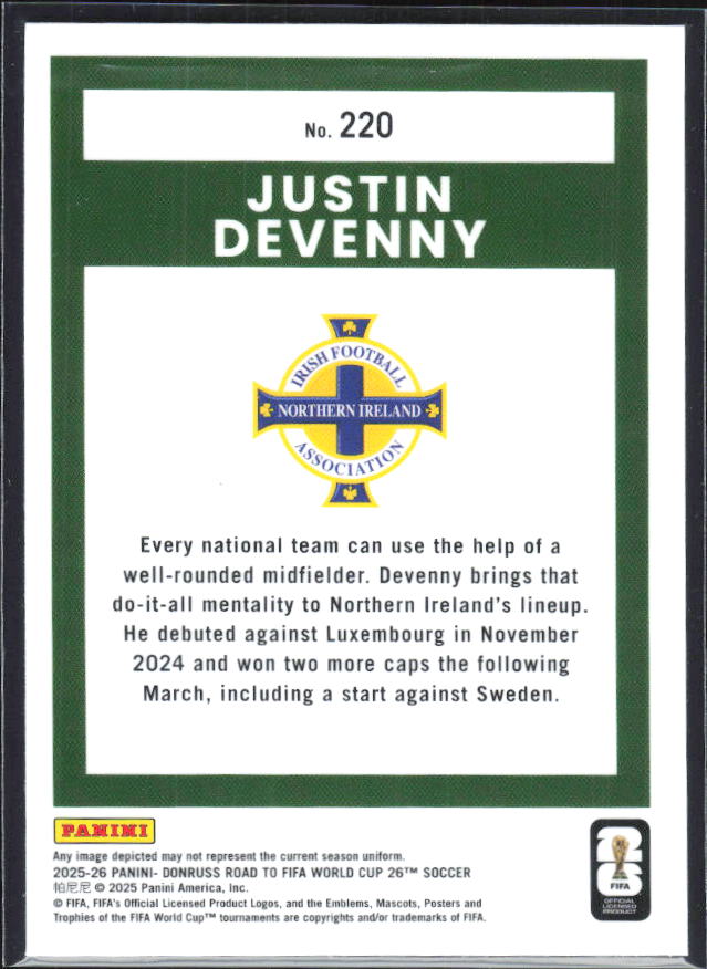 Justin Devenny 2025-26 Donruss Road to FIFA World Cup Optic Rated Rookie #220 – baksida
