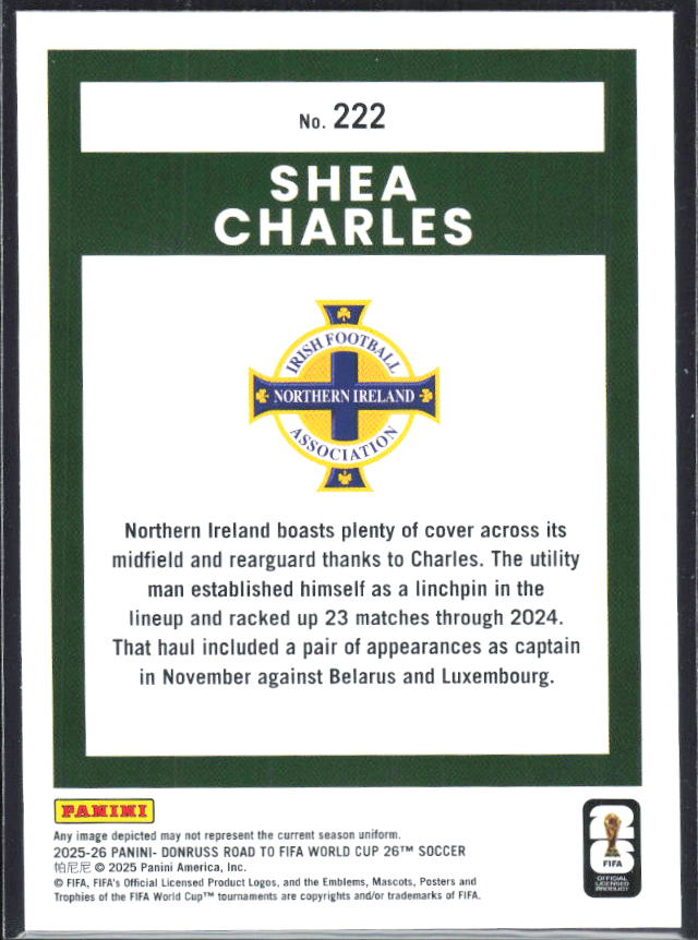 Shea Charles 2025-26 Donruss Road to FIFA World Cup Rated Rookie #222 – baksida