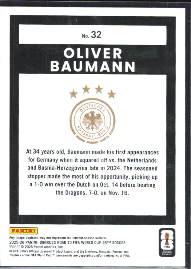 Oliver Baumann 2025-26 Donruss Road to FIFA World Cup #32 – baksida