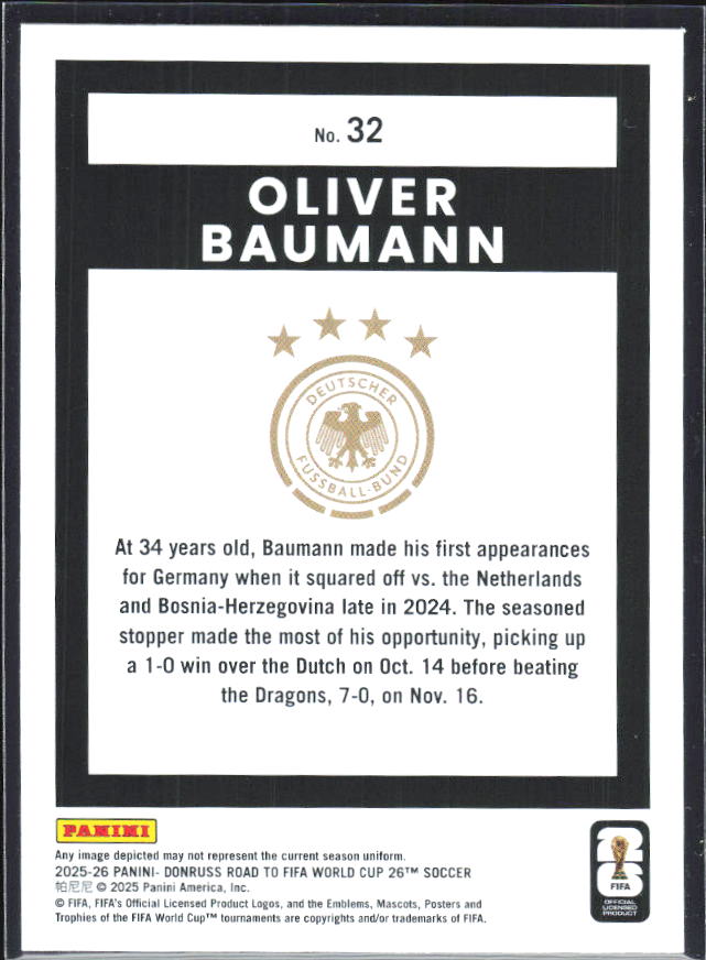 Oliver Baumann 2025-26 Donruss Road to FIFA World Cup #32 – baksida