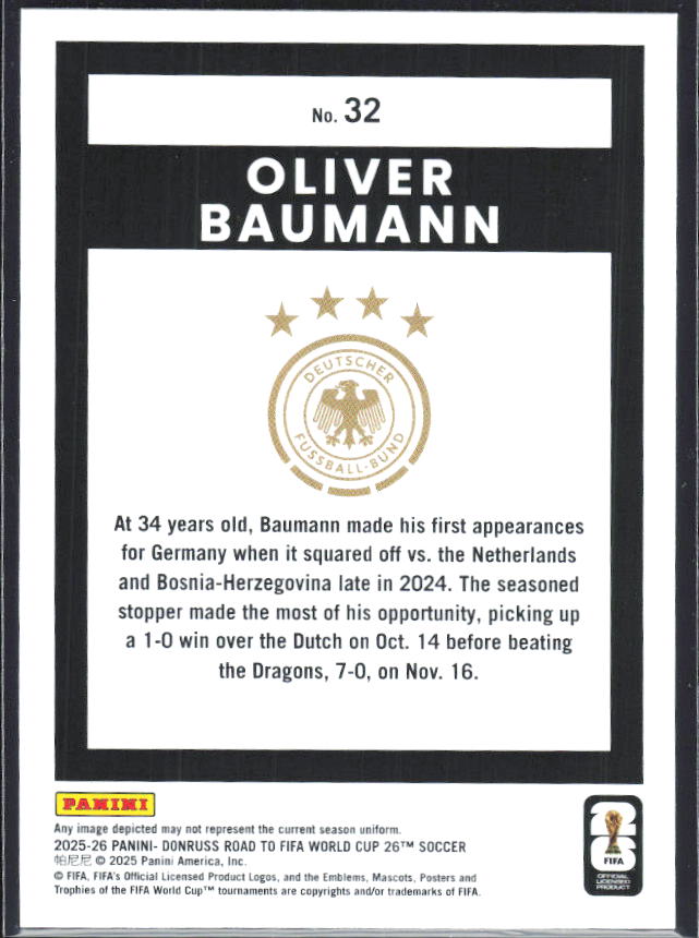 Oliver Baumann 2025-26 Donruss Road to FIFA World Cup #32 – baksida