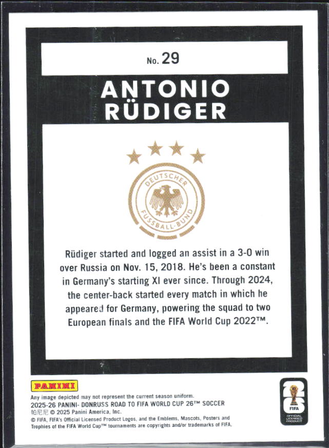 Antonio Rüdiger 2025-26 Donruss Road to FIFA World Cup #29 – baksida