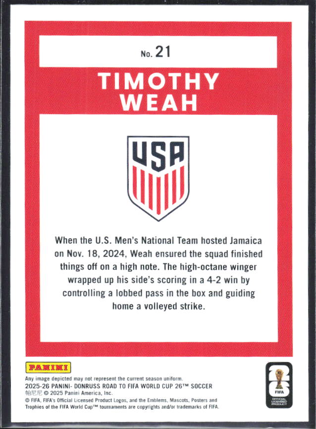 Timothy Weah 2025-26 Donruss Road to FIFA World Cup #21 – baksida
