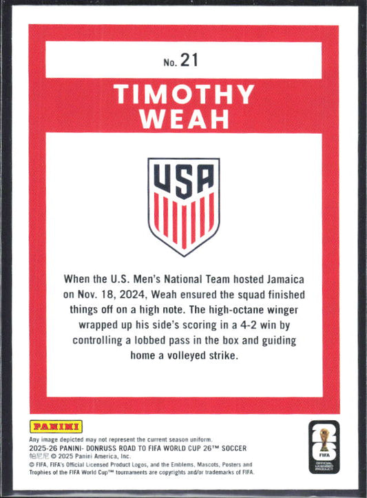 Timothy Weah 2025-26 Donruss Road to FIFA World Cup #21 – baksida