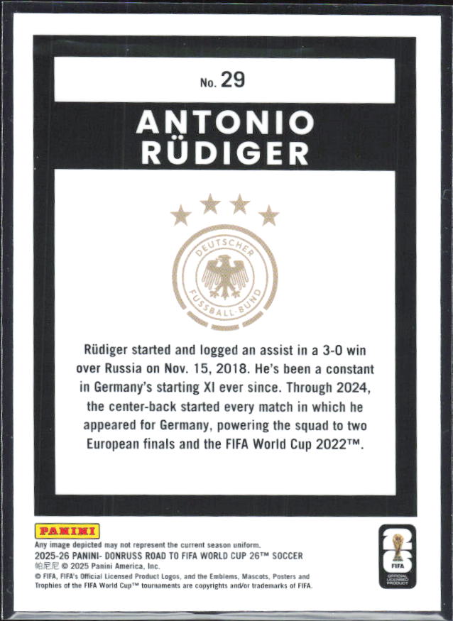 Antonio Rüdiger 2025-26 Donruss Road to FIFA World Cup Optic #29 – baksida