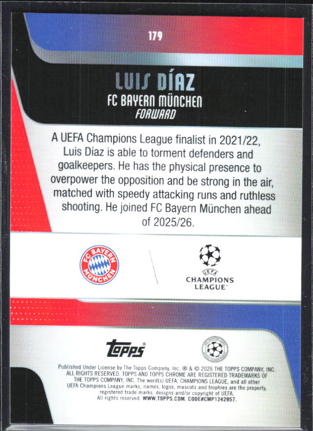 Luis Díaz 2025-26 Chrome UEFA #179 – baksida