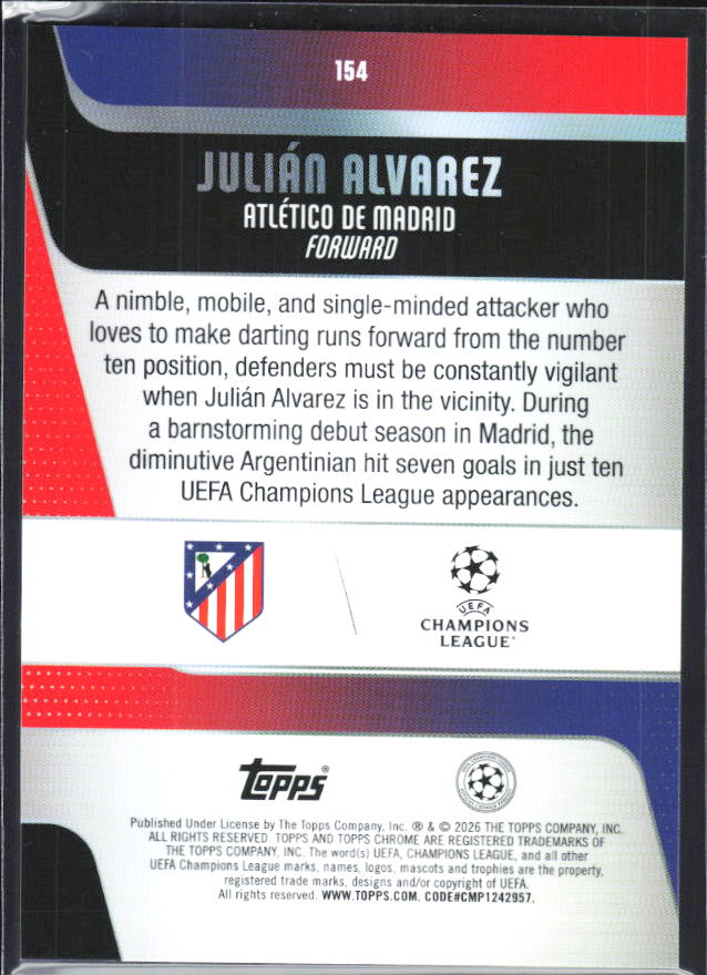 Julián Álvarez 2025-26 Chrome UEFA #154 – baksida