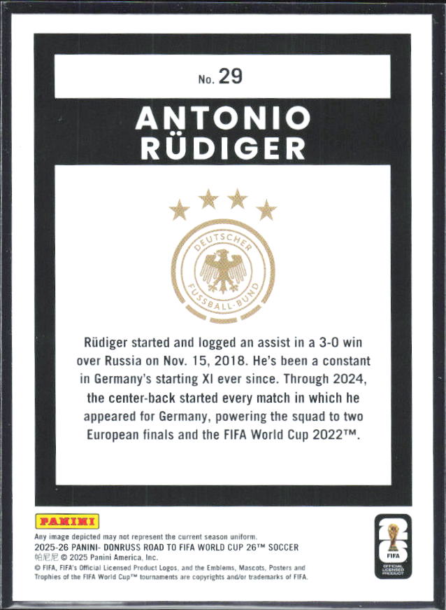 Antonio Rüdiger 2025-26 Donruss Road to FIFA World Cup #29 – baksida
