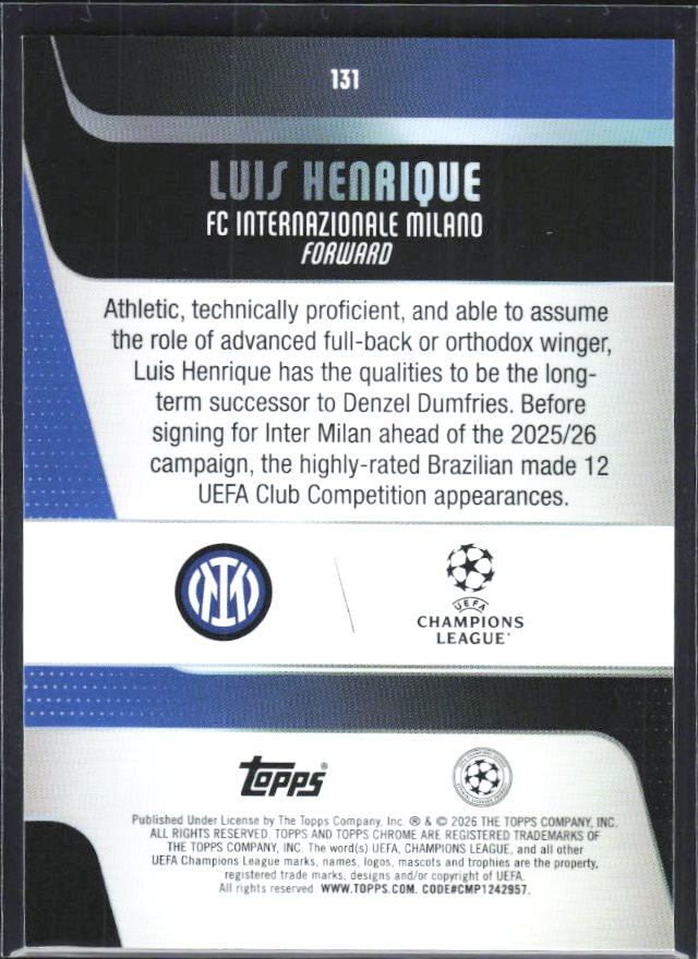Luis Henrique 2025-26 Chrome UEFA #131 – baksida