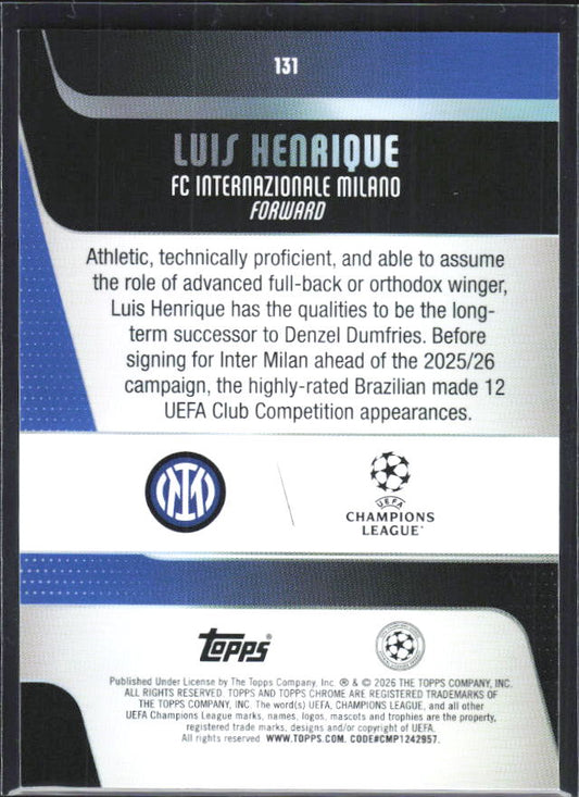 Luis Henrique 2025-26 Chrome UEFA #131 – baksida