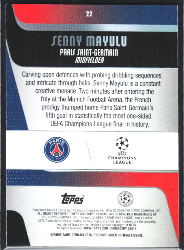Senny Mayulu 2025-26 Chrome UEFA Future Stars #22 – baksida