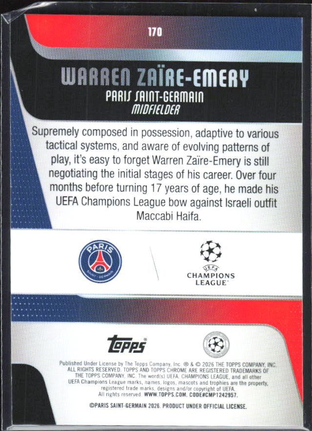 Warren Zaïre-Emery 2025-26 Chrome UEFA #170 – baksida