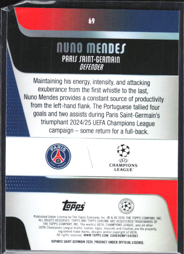Nuno Mendes 2025-26 Chrome UEFA #69 – baksida