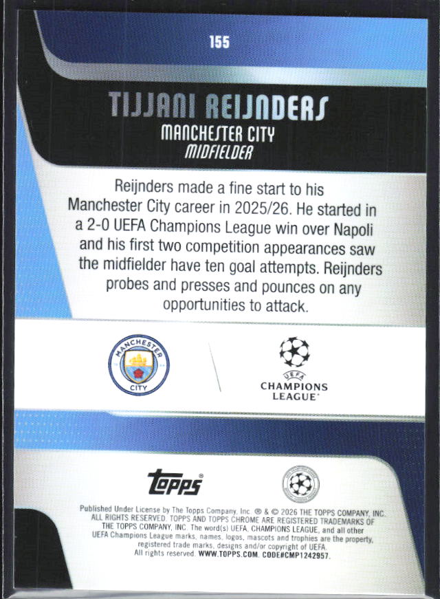 Tijjani Reijnders 2025-26 Chrome UEFA #155 – baksida