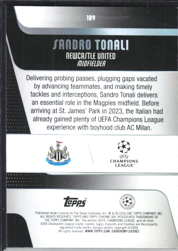 Sandro Tonali 2025-26 Chrome UEFA #109 – baksida