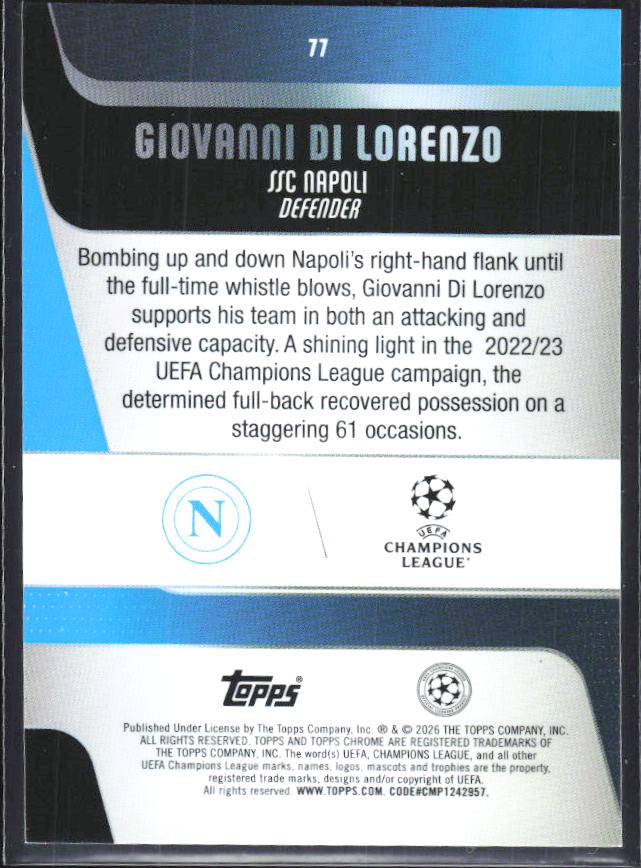 Giovanni Di Lorenzo 2025-26 Chrome UEFA #77 – baksida