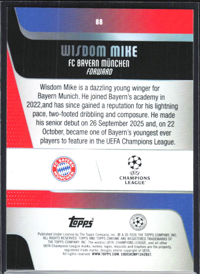 Wisdom Mike 2025-26 Chrome UEFA #88 – baksida