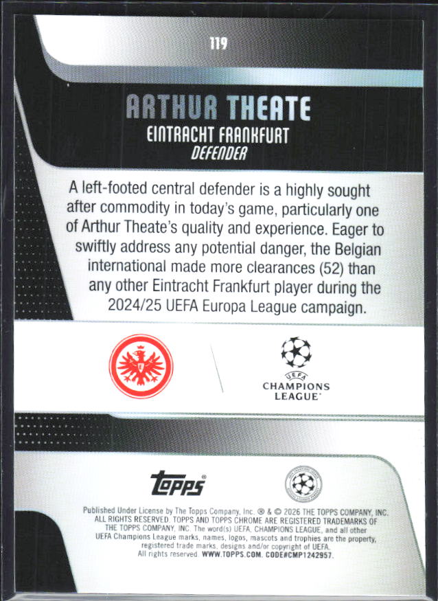 Arthur Theate 2025-26 Chrome UEFA #119 – baksida