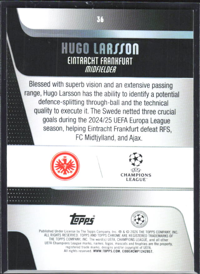 Hugo Larsson 2025-26 Chrome UEFA #36 – baksida