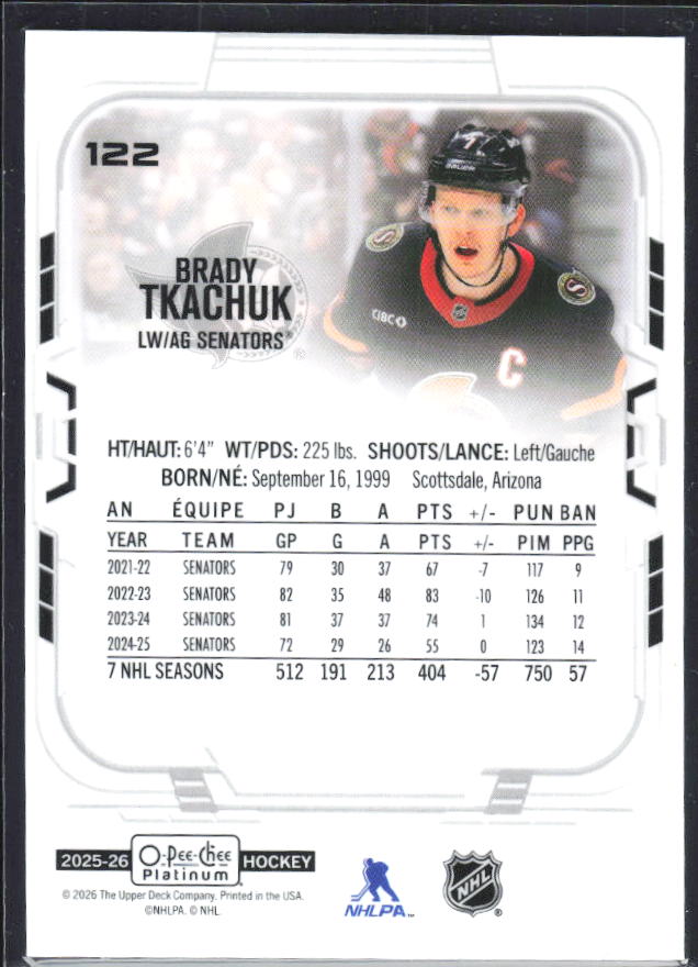 Brady Tkachuk 2025-26 O-Pee-Chee Platinum #122 – baksida