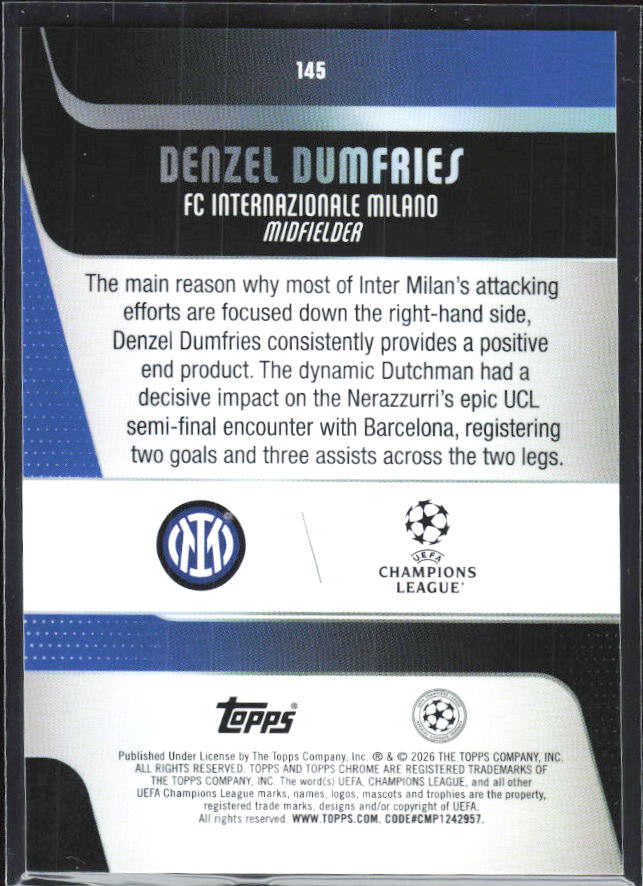 Denzel Dumfries 2025-26 Chrome UEFA #145 – baksida