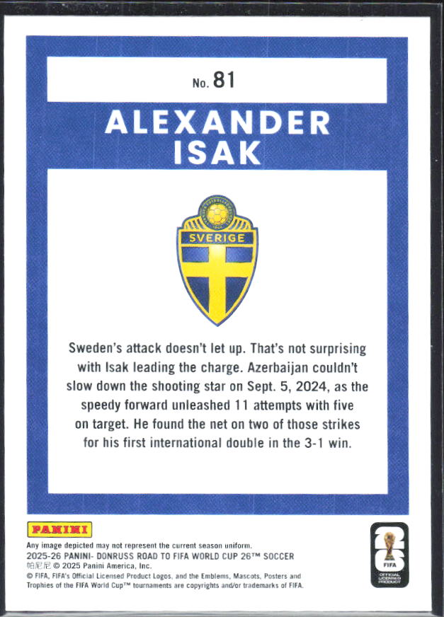 Alexander Isak 2025-26 Donruss Road to FIFA World Cup #81 – baksida