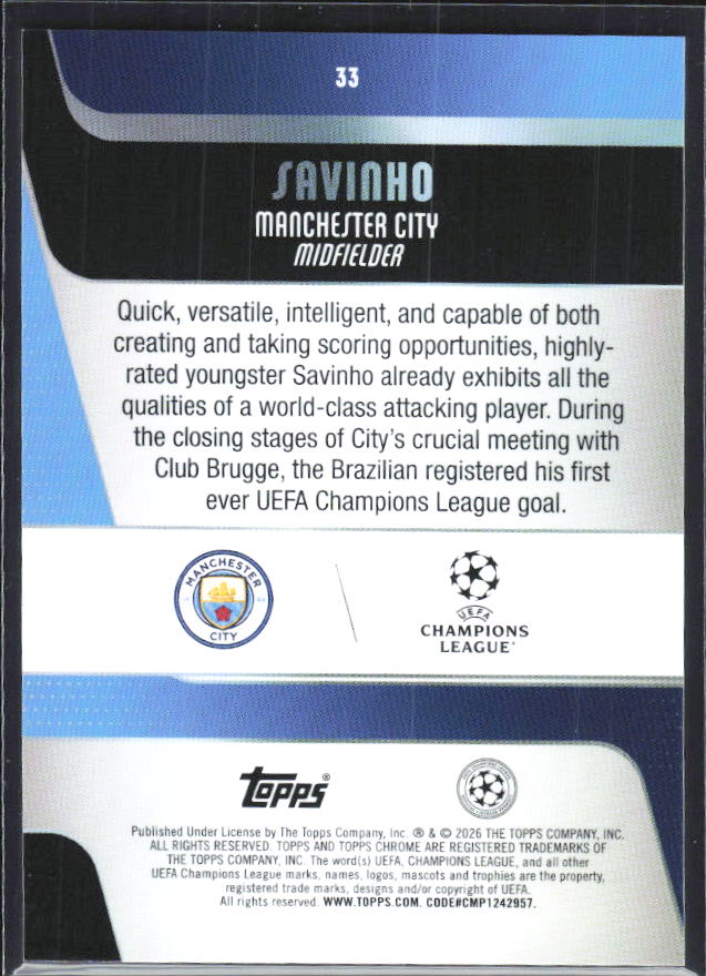 Savinho 2025-26 Chrome UEFA #33 – baksida