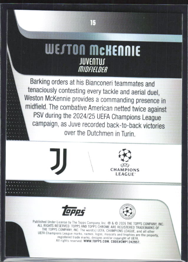 Weston McKennie 2025-26 Chrome UEFA #15 – baksida