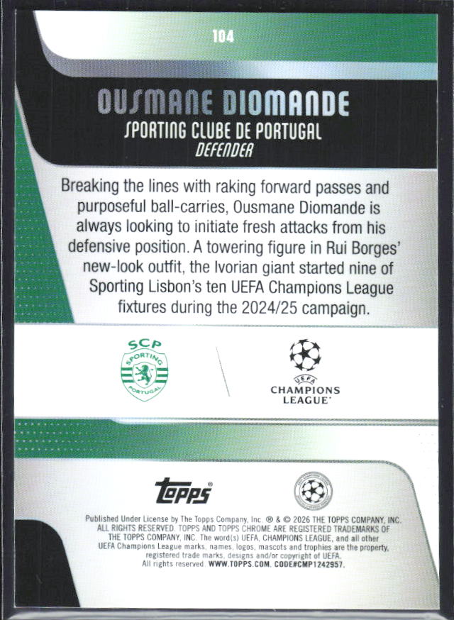 Ousmane Diomande 2025-26 Chrome UEFA #104 – baksida