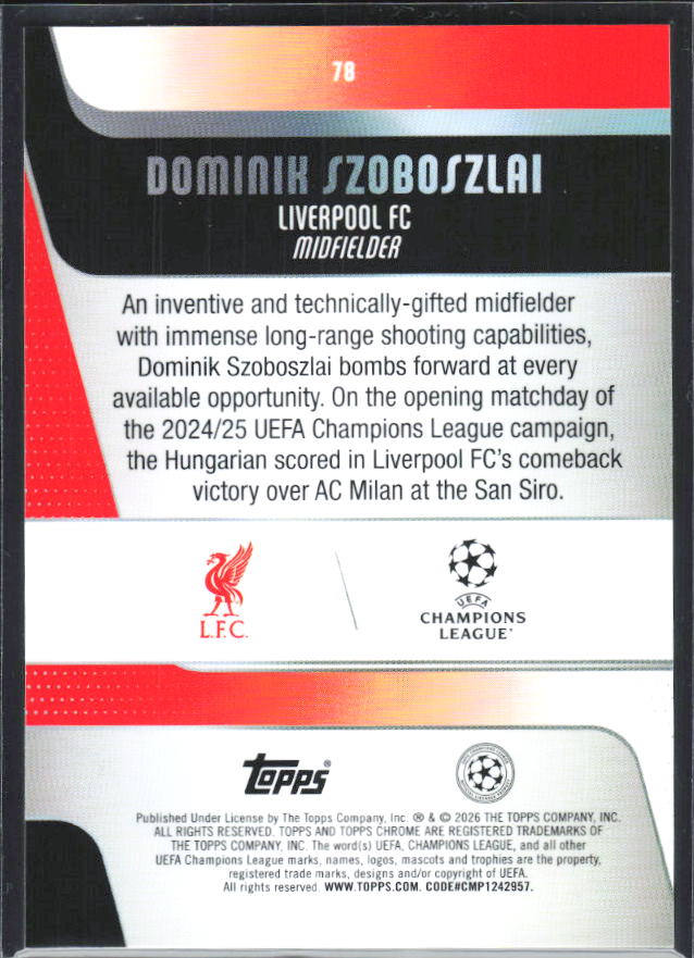 Dominik Szoboszlai 2025-26 Chrome UEFA #78 – baksida