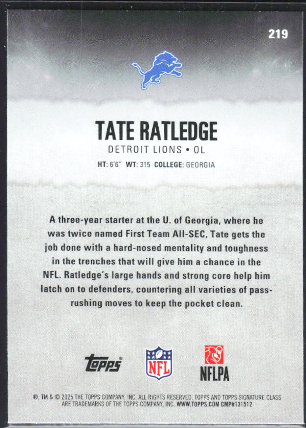 Tate Ratledge 2025 Signature Class #219 – baksida