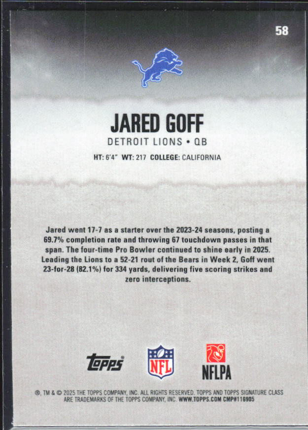 Jared Goff 2025 Signature Class #58 – baksida