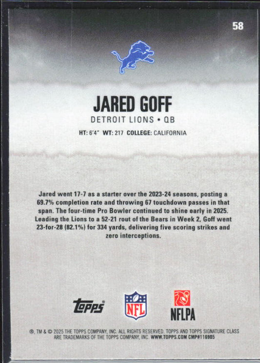 Jared Goff 2025 Signature Class #58 – baksida