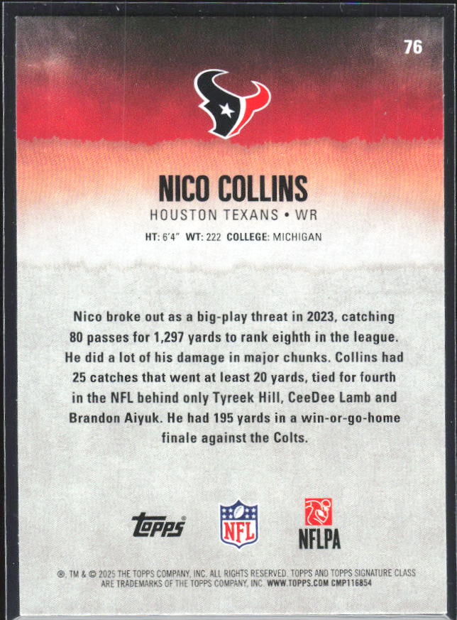 Nico Collins 2025 Signature Class #76 – baksida