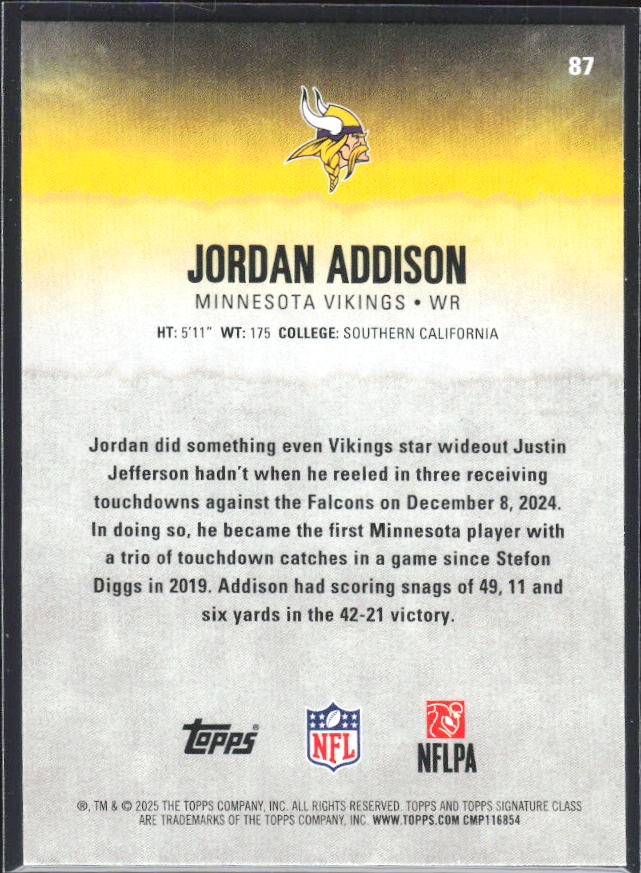 Jordan Addison 2025 Signature Class #87 – baksida