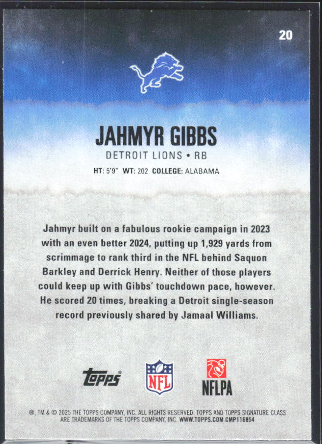 Jahmyr Gibbs 2025 Signature Class #20 – baksida