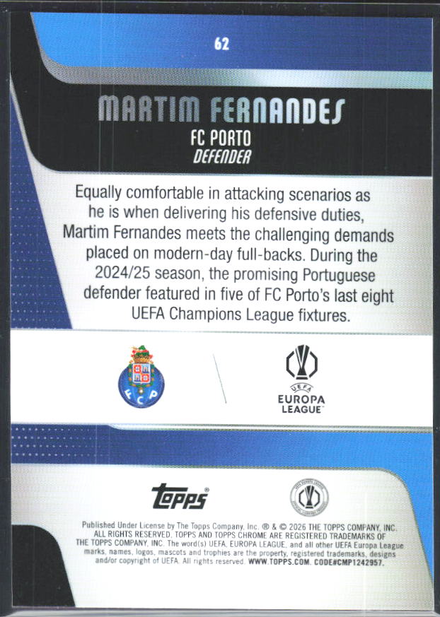 Martim Fernandes 2025-26 Chrome UEFA #62 – baksida
