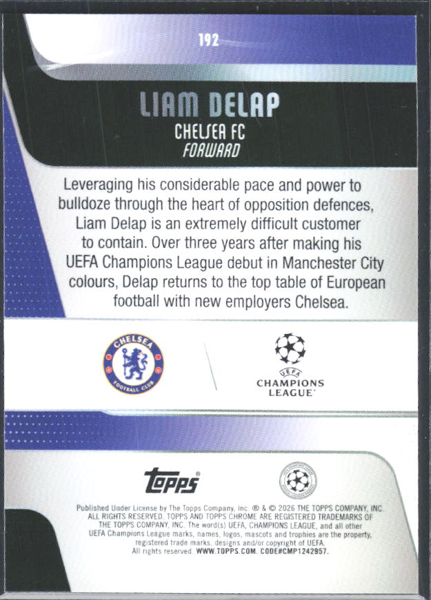 Liam Delap 2025-26 Chrome UEFA #192 – baksida