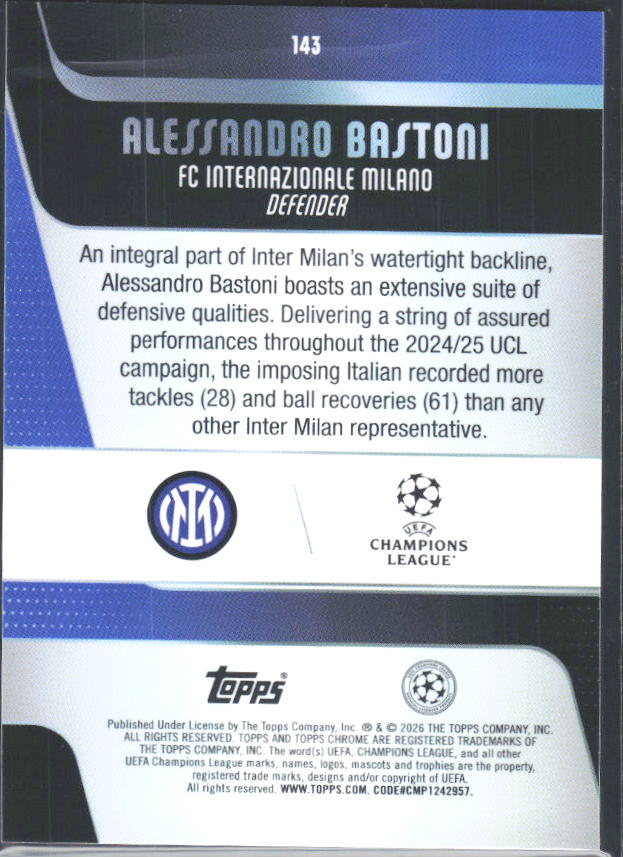 Alessandro Bastoni 2025-26 Chrome UEFA #143 – baksida
