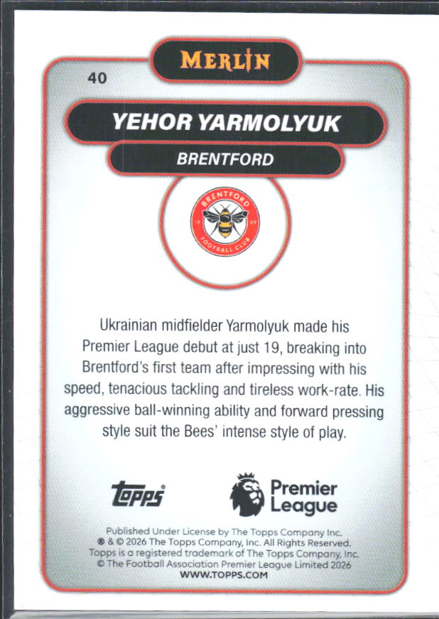 Yehor Yarmolyuk 2026 Merlin Premier League #40 – baksida