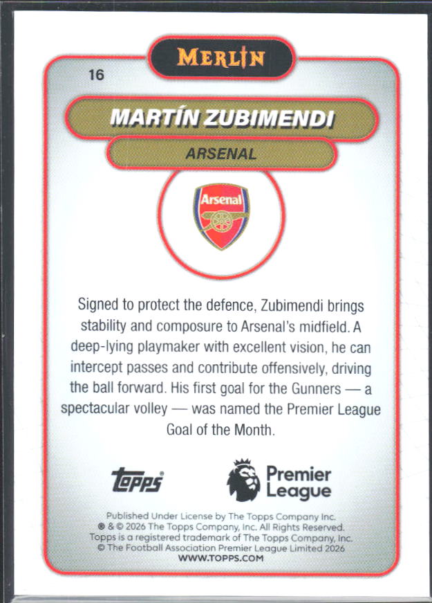 Martín Zubimendi 2026 Merlin Premier League #16 – baksida