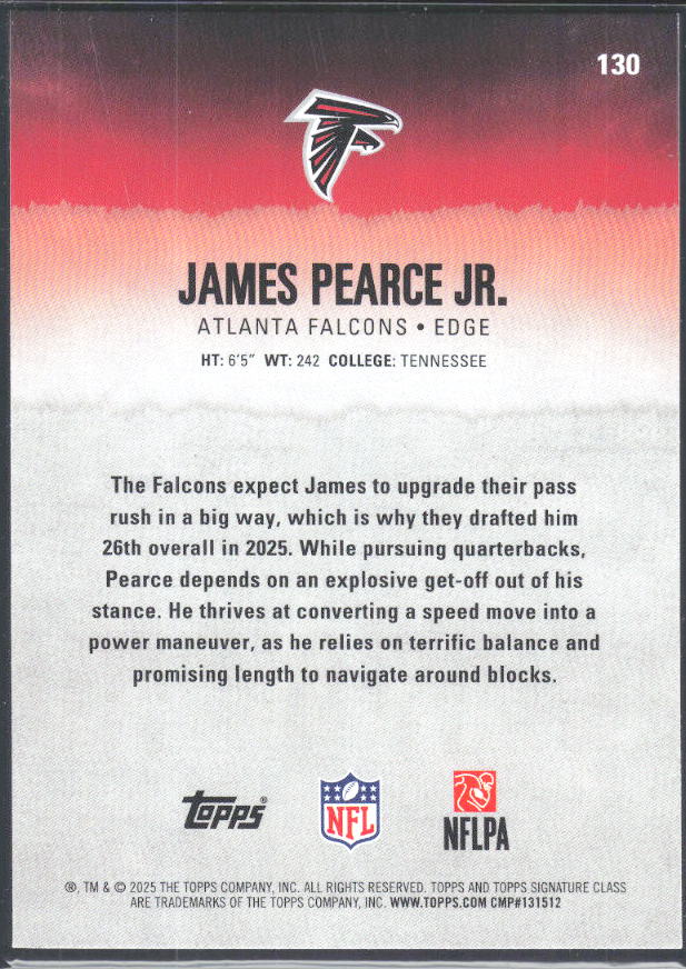 James Pearce Jr. 2025 Signature Class #130 – baksida