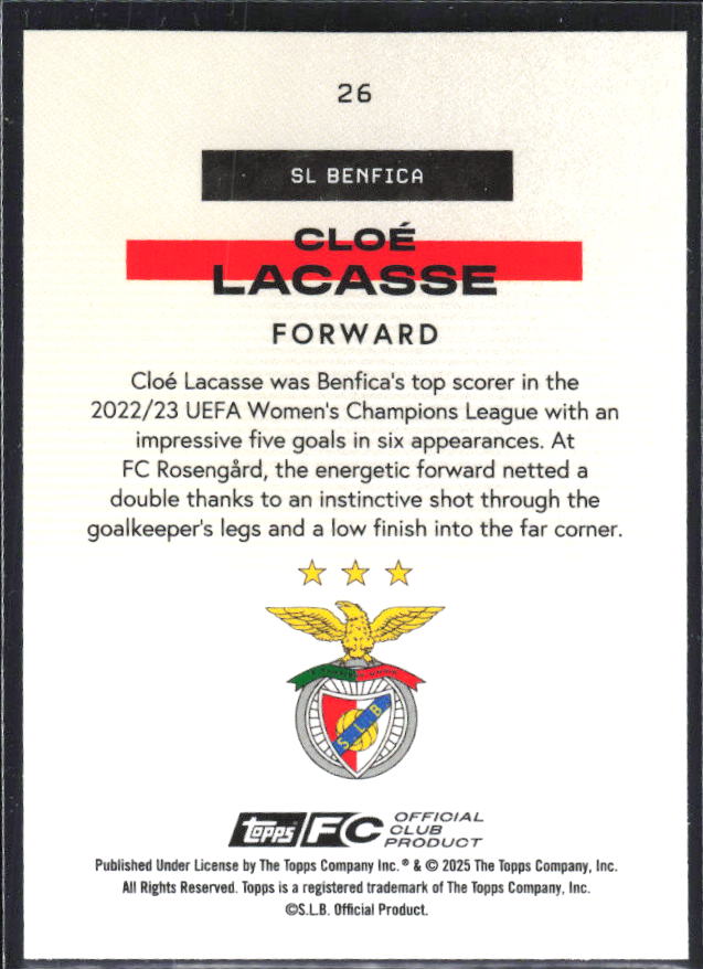 Cloé Lacasse 2025-26 SL Benfica Team Set Bona Fide Baller #26 – baksida