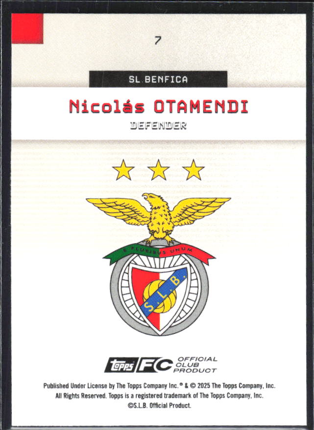 Nicolás Otamendi 2025-26 SL Benfica Team Set #7 – baksida