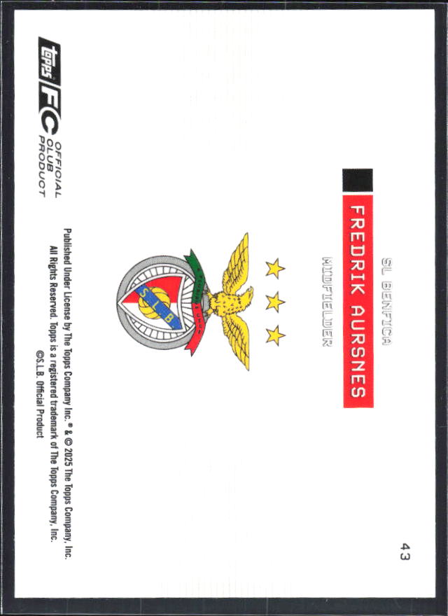 Fredrik Aursnes 2025-26 SL Benfica Team Set Soaring Eagle #43 – baksida