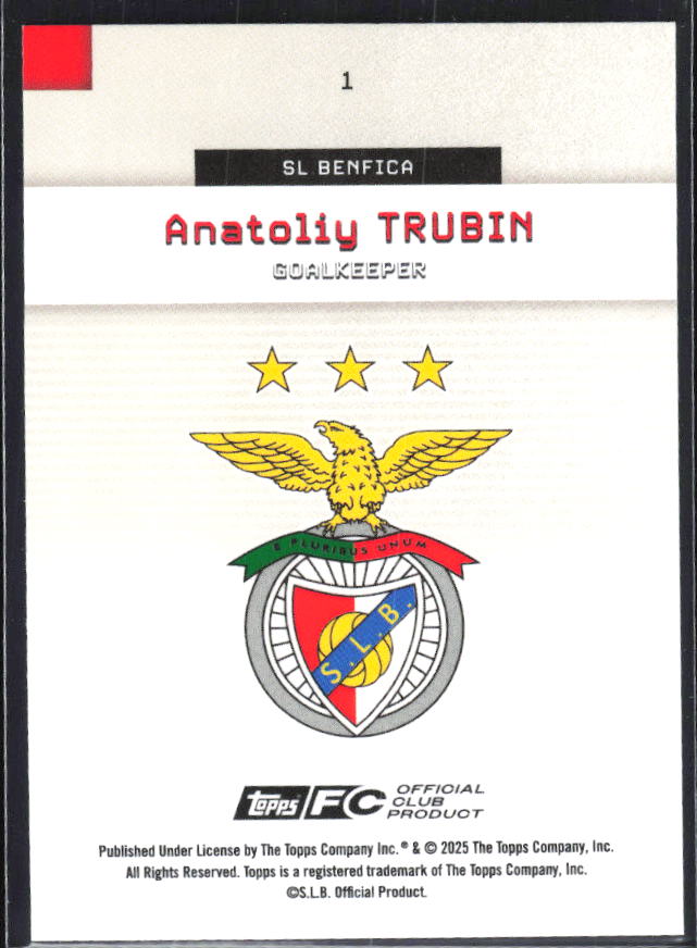 Anatoliy Trubin 2025-26 SL Benfica Team Set #1 – baksida