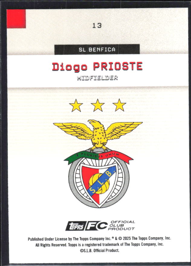 Diogo Prioste 2025-26 SL Benfica Team Set #13 – baksida