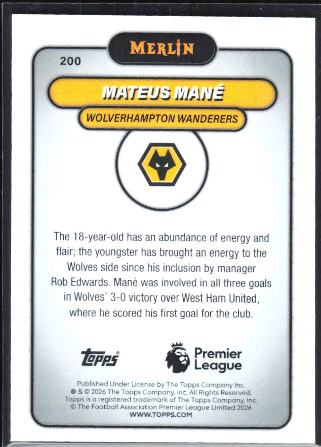Mateus Mané 2026 Merlin Premier League #200 – baksida